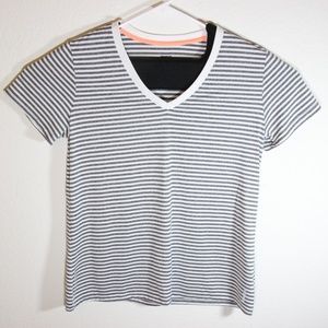 Reebok Striped Gray White V-Neck Activewear Tshirt